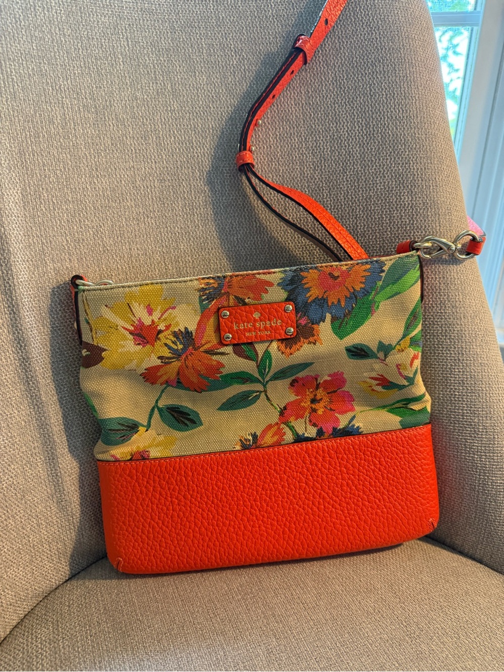 kate spade Floral Canvas Crossbody with Bright Orange Leather Trim